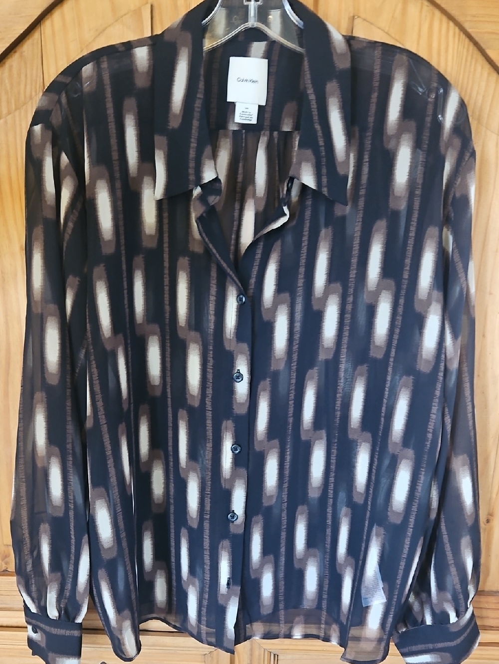 Calvin Klein Black, Brown & Cream Sheer Patterned Button-Up Blouse